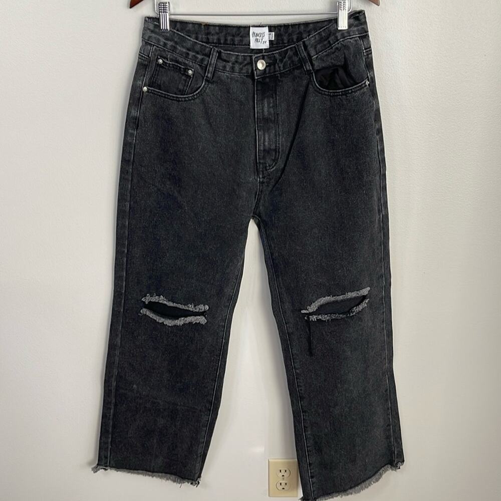 Princess Polly Black Washed Distressed Wide Leg Jeans Size 10